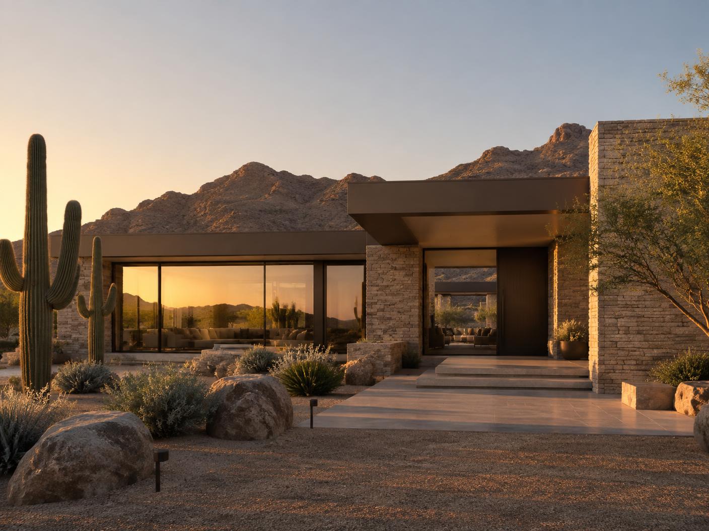 Stone and glass entry of a contemporary home in North Scottsdale, Arizona